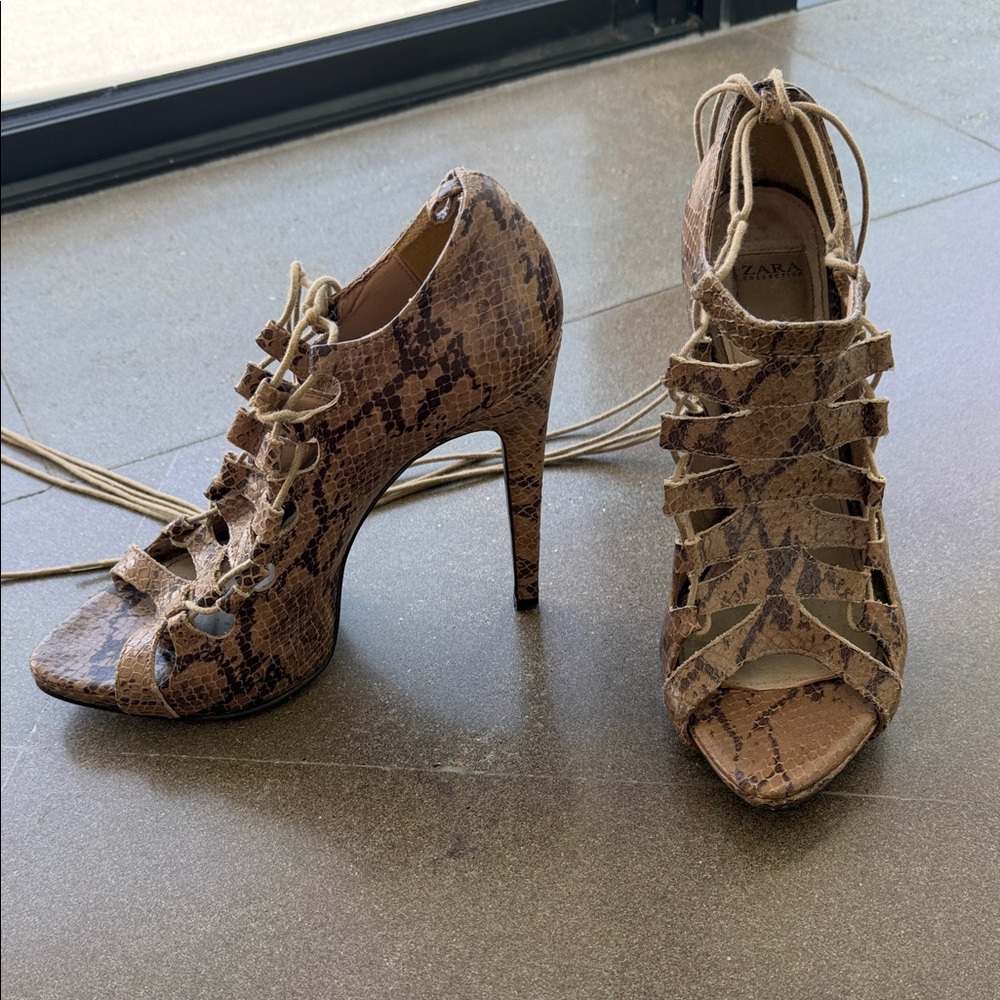 Zara Taupe Snake-Print Lace-Up High Heels